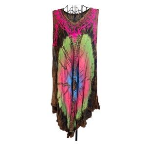 Sun Dress—True Rock Free Size Tie-Dye Rayon Embroidered V-neck, Brown Pink